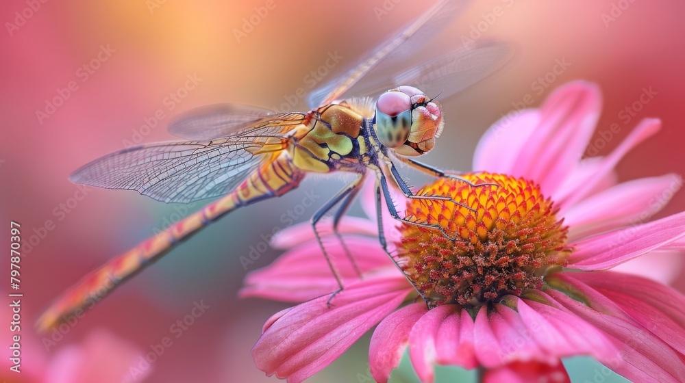 Poster a close-up of a dragonfly perched on a delicate blossom, its slender legs and intricate wing pattern