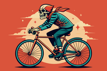 a skeleton on a bicycle riding forward.