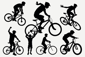 A cyclist performs various tricks on his bike. black silhouette isolates on a white backgroun