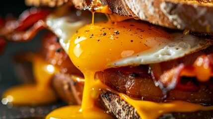 A close-up of a fried egg sandwich, with runny yolk spilling over crispy bacon and melted cheese, ready to satisfy any appetite.