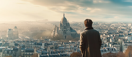 A man stands on a hill overlooking a city. The sky is cloudy and the city is full of buildings - Powered by Adobe