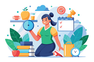 Girl panning her diet. concept of leading a healthy lifestyle through weight loss and fresh vegetables. syroeating as a flat vector image