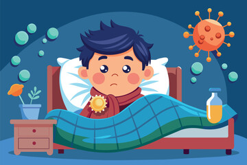 a little boy is upset because he has a cold and is lying in a bed in the evening nursery. Fever, influenza and other spreading diseases.