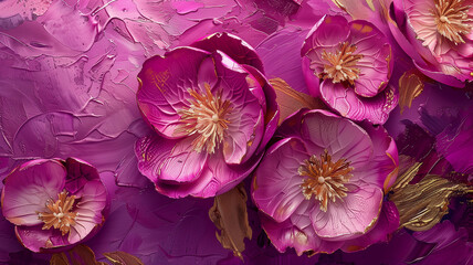 Bright pink and gold beautiful flowers on deep purple. An illustration in a picturesque style. - obrazy, fototapety, plakaty