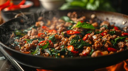 A close-up of a sizzling hot pan filled with crispy Pad Krapow Moo, fragrant with Thai basil and chili, ready to tantalize taste buds.
