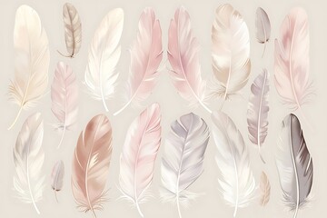 A collection of delicate feathers in various light shades, arranged in an artistic composition, showcased in an elegant vector illustration.