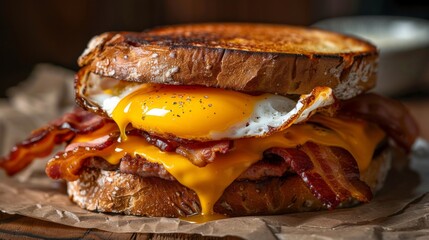 A close-up of a fried egg sandwich, with runny yolk spilling over crispy bacon and melted cheese, ready to satisfy any appetite. - obrazy, fototapety, plakaty