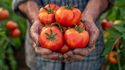 A farmer holding a handful of ripe tomatoes. - obrazy, fototapety, plakaty