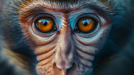 A monkey's face with its eyes open and looking at the camera - obrazy, fototapety, plakaty