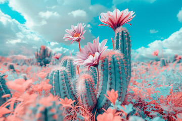 psychedelic vapor wave and surreal scenery with cactus and flower in the desert on an alien planet, trippy wallpaper art - obrazy, fototapety, plakaty