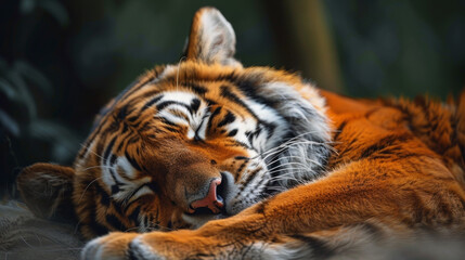 A tiger is sleeping on a bed - obrazy, fototapety, plakaty