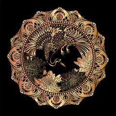 Fototapeta premium Crane taking off above the peonies and chrysanthemums - round, circular pattern. Image in ancient Southeast Asian style, plate design