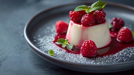 Image of a panna cotta with raspberries on a plate