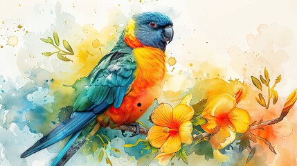 A watercolor painting of a parrot with bright blue, green, and orange feathers. The parrot is sitting on a branch with yellow flowers.