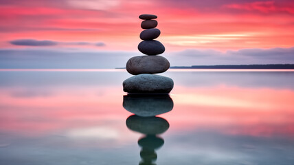 Perfectly balanced stack of smooth stones with a tranquil sunset reflecting on still water, conveying peace and meditation.
