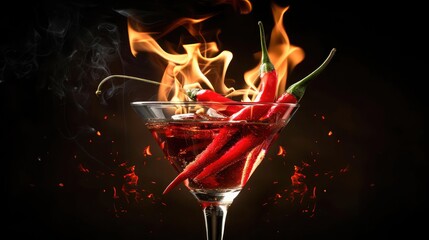Hot chili pepper in a martini glass with a fire on a black background,Colored liquid mixed with lighter fluid in a flaming cup where ice cubes are being placed to cause a thermal shock and generate  - Powered by Adobe