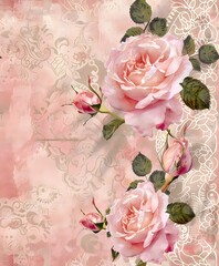 vintage scrapbook paper, shabby chic roses and scrollwork, pink tones, watercolor on vintage wood background
