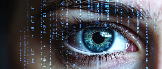 A close up of a person's eye with a blue iris and a blurry background. The eye is surrounded by a pattern of numbers and letters, giving the impression of a computer screen or a digital image