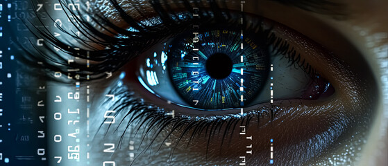 A close up of a person's eye with a blue iris and a blurry background. The eye is surrounded by a pattern of numbers and letters, giving the impression of a computer screen or a digital image