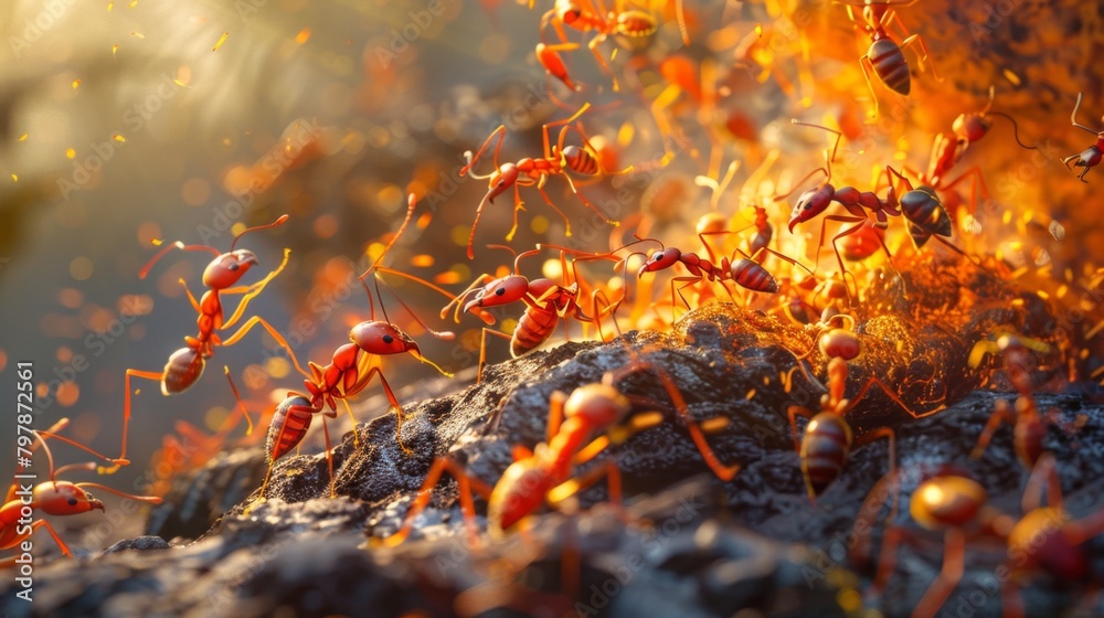 Aufkleber a colony of fire ants moving swiftly to defend their nest against intruders