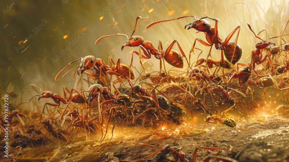 Poster A colony of fire ants moving swiftly to defend their nest against intruders