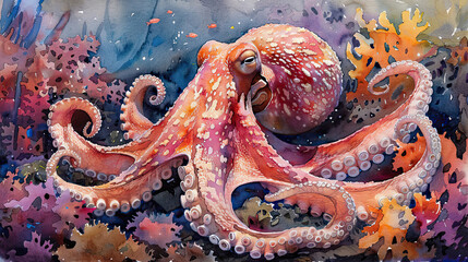 A watercolor painting of an octopus.