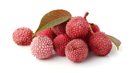 Fresh Lychee Fruit with Leaves Isolated on White background  Ai generated