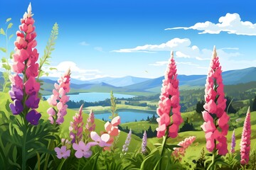 Breathtaking Foxglove Garden Surrounded by Rolling Hills and Clear Blue Sky - obrazy, fototapety, plakaty