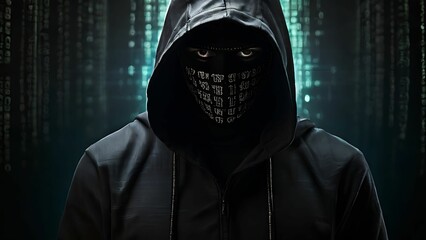 Hacker wearing hoodie over the binary code background