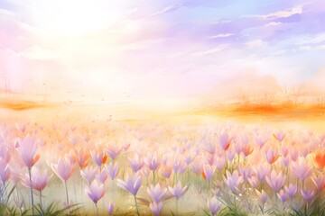 Captivating Autumn Crocus Meadow Bathed in Soft Sunlight and Delicate Bokeh - obrazy, fototapety, plakaty
