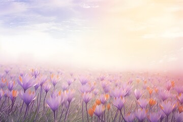 Captivating Autumn Crocus Meadow Under Soft Sunlight with Delicate Floral Textures and Alluring Bokeh - obrazy, fototapety, plakaty