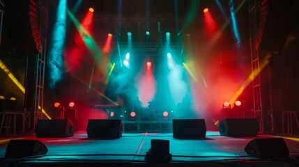 A concert stage illuminated with colorful lights and powerful speakers ready to rock - obrazy, fototapety, plakaty