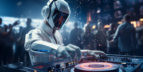 Robot DJ mixing music at a club with a lively party atmosphere, futuristic entertainment concept