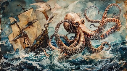 Fototapeta premium A giant octopus is attacking a ship in a stormy sea.