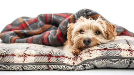 a small dog with a black nose and brown and black eyes is lying on a blanket on a bed