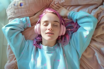 Fototapeta premium A young woman with pink hair enjoys music, relaxing with headphones on a sunny bed with hands behind head