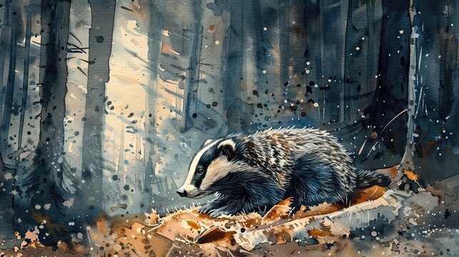 A watercolor painting of a badger walking through a misty forest.