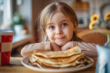 A little girl looks directly at the camera with a plate of pancakes in front of her, capturing a moment of delight