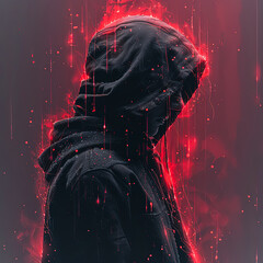 A person is wearing a hoodie and standing in front of a wall. The image has a dark and mysterious mood, with the person's hoodie