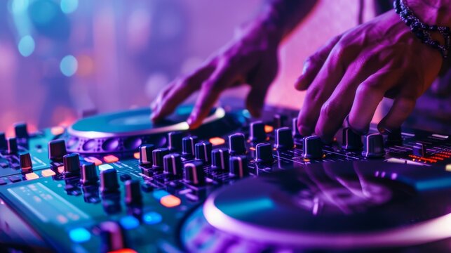 A DJ mixing tracks on a professional sound system at a vibrant nightclub