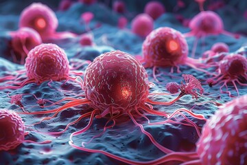 Illustrating the fierce invasion of cancer cells, this image showcases the aggressive spread of the disease in vivid hues