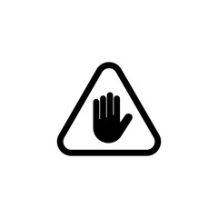 Obraz premium A simple, minimalist black and white icon featuring a stylized hand symbol enclosed within triangular warning sign, conveying a sense of caution, restriction, and the need to stop or cease an action.