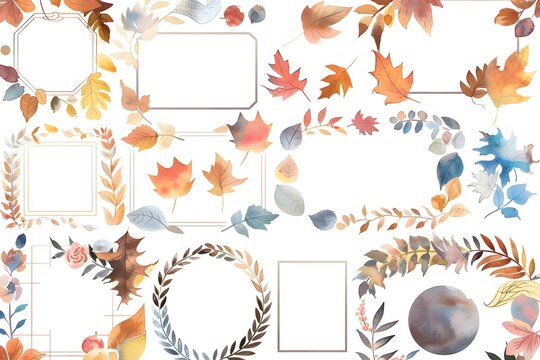 Watercolor Autumn Floral Frame Set, White Background, Clipart