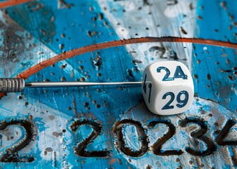 A white die with the numbers "2024" on one side of it, against a blue background and target for darts, stock photo, in the style of an abstract expressionist painter.