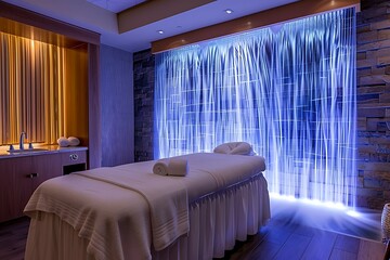 A luxurious spa room with a massage table, soothing lighting, and a wall covered in cascading water for a tranquil ambiance.