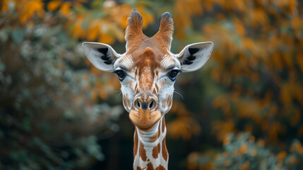 A giraffe is staring at the camera with its head tilted