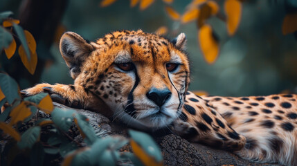 A cheetah is laying on a rock in a forest