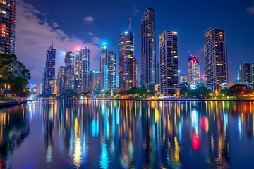 A mesmerizing night view of a cityscape with brightly lit skyscrapers reflecting on a calm river.