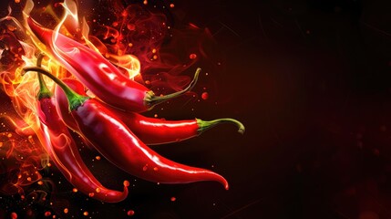 Red hot chili peppers with fire on dark color background ,Hot chili peppers on wooden background with fire and smoke ,Selective focus ,Fiery Heat Hot Pepper Flaming and Burning
