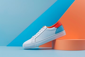 A minimalist product shot featuring a pair of sleek, minimalist sneakers with interchangeable color panels, emphasizing customization and self-expression within the footwear market. - obrazy, fototapety, plakaty
